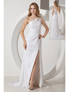 White Column One Shoulder Prom Dress Brush Train Sequin