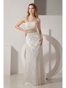 White Column One Shoulder Prom Dress Taffeta and Lace Beading Floor-length