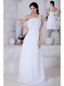 White One Shoulder Brush Train Chiffon Prom / Evening Dress With Appliques