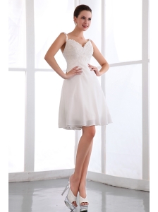 White Prom Dress A-line Spaghetti Straps Appliques Mini-length Chiffon