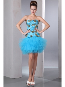 Aqua Blue A-line Strapless Short Prom Dress Tulle and Taffeta Sequins Mini-length