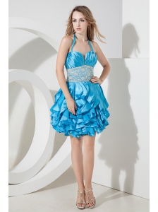 Baby Blue Column Halter Lace Short Prom Dress Mini-lengrh Taffeta