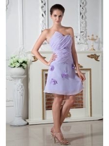 Lilac Empire Sweetheart Prom Dress Knee-length Chiffon Ruch Hand Made Flowers
