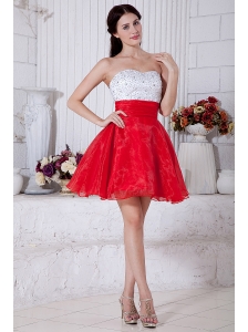 Red and White A-line Strapless Short Prom / Homecoming Dress Organza Beading Mini-length