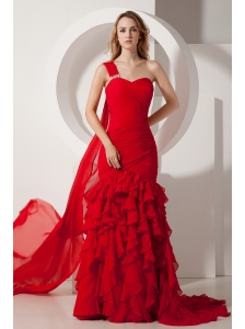 Red Mermaid Watteau  Ruffles Prom Dress One Shoulder Train Chiffon