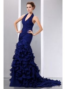 Beautiful Navy Blue Mermaid Halter Prom Dress Court Train Chiffon Ruch and Ruffles