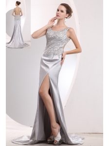 Beautiful Silver A-line Scoop Prom / Evening Dress Brush Train Satin Beading