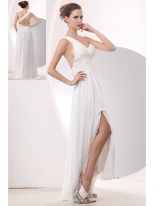 Beautiful White Empire One Shoulder Prom / Evening Dress High-low Chiffon Appliques