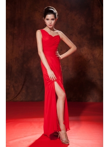 Cheap Red Prom Dress Empire One Shoulder Ruch Floor-length Chiffon