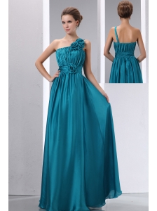 Cheap Teal Prom Dress Empire One Shoulder Hand Made Flowers and Ruch Floor-length Chiffon and Elastic Wove Satin