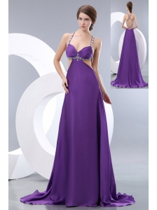 Classical Purple Empire Straps Evening Dress Elastic Woven Satin Beading Brush Train