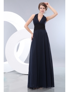 Elegant Navy Blue Empire Halter Lace Bridesmaid Dress Floor-length Chiffon