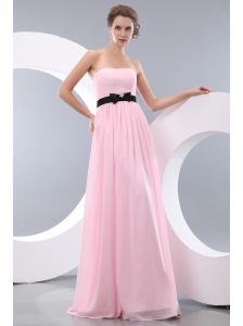 Elegant Baby Pink Empire Strapless Belt Bridesmaid Dress Brush Train Chiffon