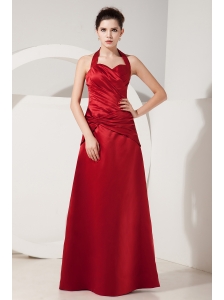 Elegant Red Empire Halter Ruch Bridesmaid Dress Floor-length Satin