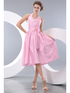Exquisite Pink Junior Prom / Homecoming Dress Empire Halter Tea-length Taffeta Beading and Bowknot