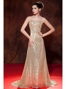 Luxurious Champagne Evening Dress Empire Sweetheart Sequin Brush Train