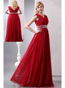 Modest Wine Red Empire V-neck Plus Size Prom Dress Floor-length Chiffon Beading