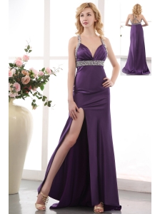 Sexy Purple Prom Dress Straps Brush Train Elastic Woven Satin Beading Column