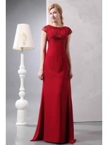 Simple Wine Red Column Scoop Beading Mother Of The Bride Dress Brush Train Chiffon