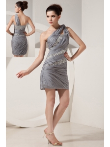 Beautiful Grey Column One Shoulder Short Prom Dress Mini-length Chiffon Beading