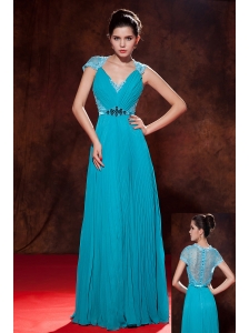 Elegant Teal Prom Dress Empire V-neck Beading and Pleat Floor-length Chiffon
