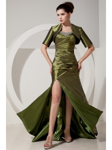Gorgeous Olive Green Prom Dress Column / Sheath Sweetheart Beading and Ruch Brush Train Satin