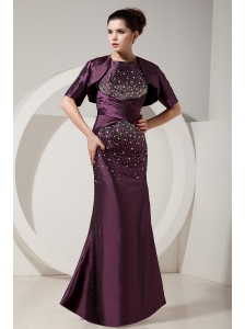 Modest Dark Purple Prom Dress Mermaid Scoop Beading Floor-length Satin