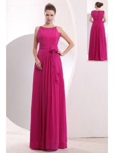 Modest Hot Pink Empire Prom Dress Bateau Chiffon Sashes Floor-length