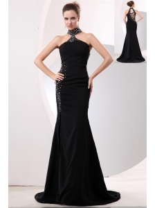 Sexy Black Mermaid High-neck Prom / Evening Dress Brush Train Taffeta Beading
