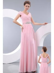 Sweet Baby Pink Prom / Evening Dress Empire V-neck Floor-length Chiffon Beading