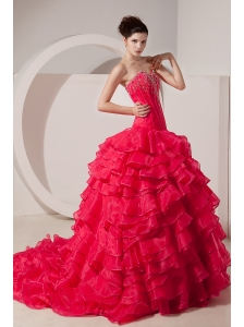 Unique Coral Red A-line / Princess Prom Dress Sweetheart Brush Train Taffeta Beading