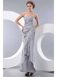 Unique Gray Column Sweetheart Prom Dress Ankle-length Taffeta Ruch and Beading