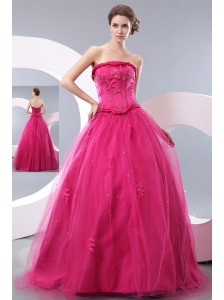 Unique Hot Pink A-line Strapless Prom Dress Tulle Beading Floor-length