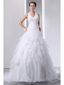 Elegant A-line Halter Wedding Dress Taffeta and Organza Appliques Court Train
