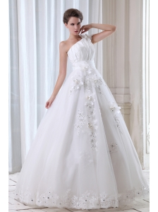 Roamntic A-line One Shoulder Wedding Dress Beading and Appliques Floor-length Tulle