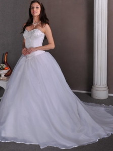Simple A-line Sweetheart Beading Ball Gown Wedding Dress Chapel Train Satin and Organza