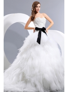 Beautiful Wedding Dress Appliques and Bow A-line Sweetheart Chapel Train Taffeta and Tulle