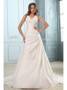 Brand New A-line V-neck Ruch and Appliques Plus Size Wedding Dress Court Train Taffeta