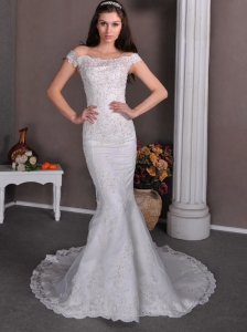 Fashionable Column Off The Shoulder Wedding Dress Brush Train Taffeta and Lace