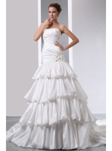 Gorgeous A-line Strapless Low Cost Wedding Dress Court Train Taffeta Hand Made Flower and Ruch