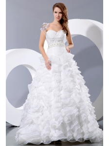 Gorgeous A-line Sweetheart Beading and Ruffles Wedding Dress Court Train Satin and Organza
