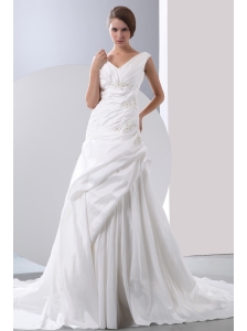 Gorgeous A-line V-neck Low Cost Wedding Dress Chapel Train Taffeta Appliques With Beading Ruch