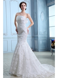 Low Price Wedding Dress Mermaid Strapless Court Train Satin Lace