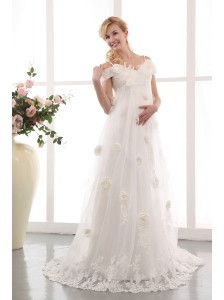 Modest A-line Off The Shoulder Maternity Wedding Dress Appliques and Hand Made Flowers Court Train Lace