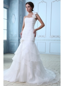 Modest A-line One Shoulder Ruch and Hand Made Flowers Wedding Dress Court Train Organza