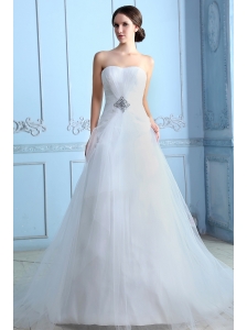 Pretty A-line Strapless Low Cost Wedding Dress Court Train Tulle Beading