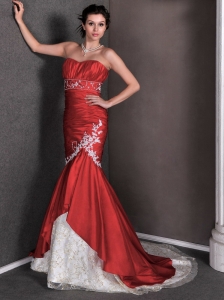Red Mermaid Sweetheart Appliques and Ruch Wedding Dress Court Train Taffeta and Lace