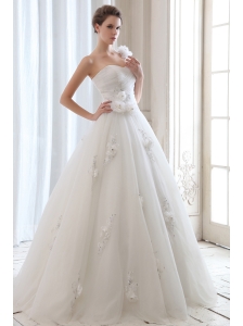 Romantic A-line One Shoulder Low Cost Wedding Dress Tulle Beading and Hand Made Flowers Floor-length