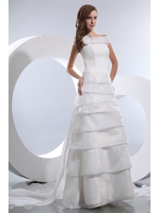 Simple A-line Off The Shoulder Low Cost Wedding Dress Chapel Train Satin and Organza Hand Made Flower and Ruffled Layers