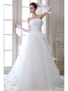 Sweet Wedding Dress A-line Strapless Beading and Appliques Floor-length Tulle